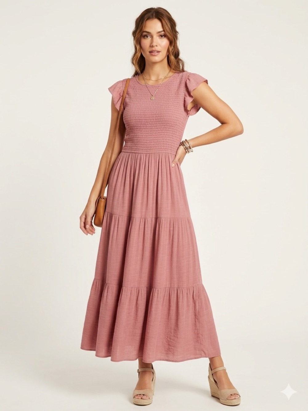 August Sky Dusty Rose Smocked Bodice Tiered Maxi Dress Boho Cottagecore SMALL